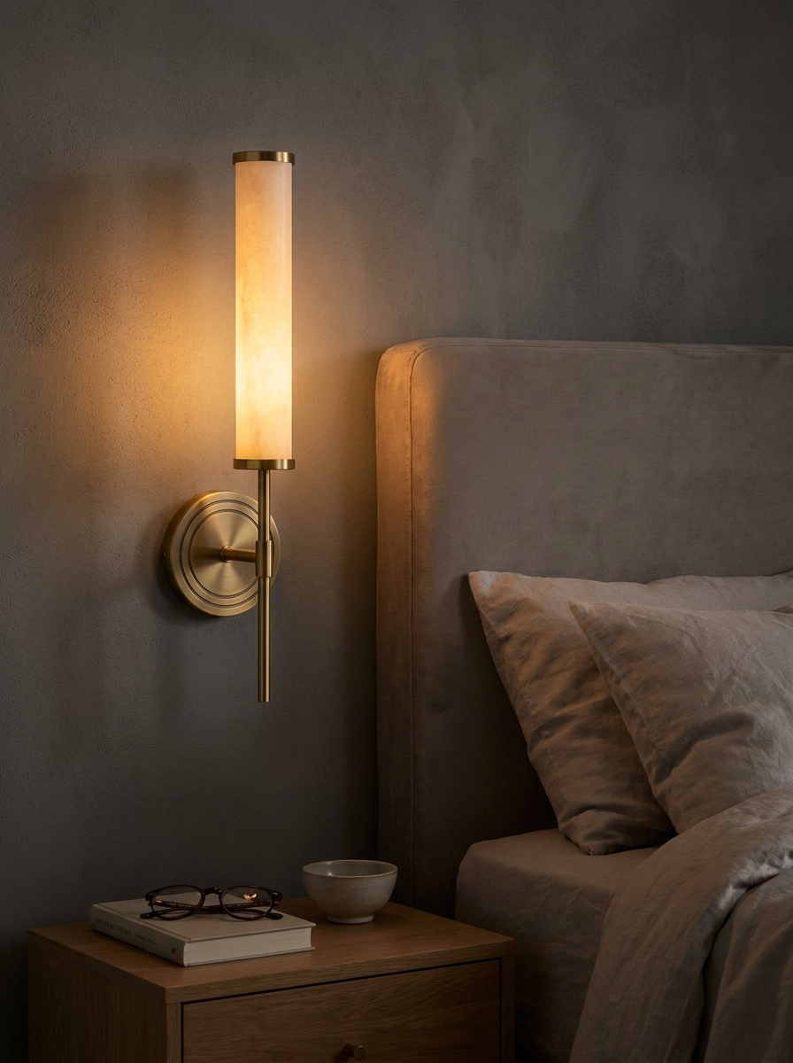 AX290 alabaster bedside wall sconce in brass, warm reading light above a bedroom nightstand
