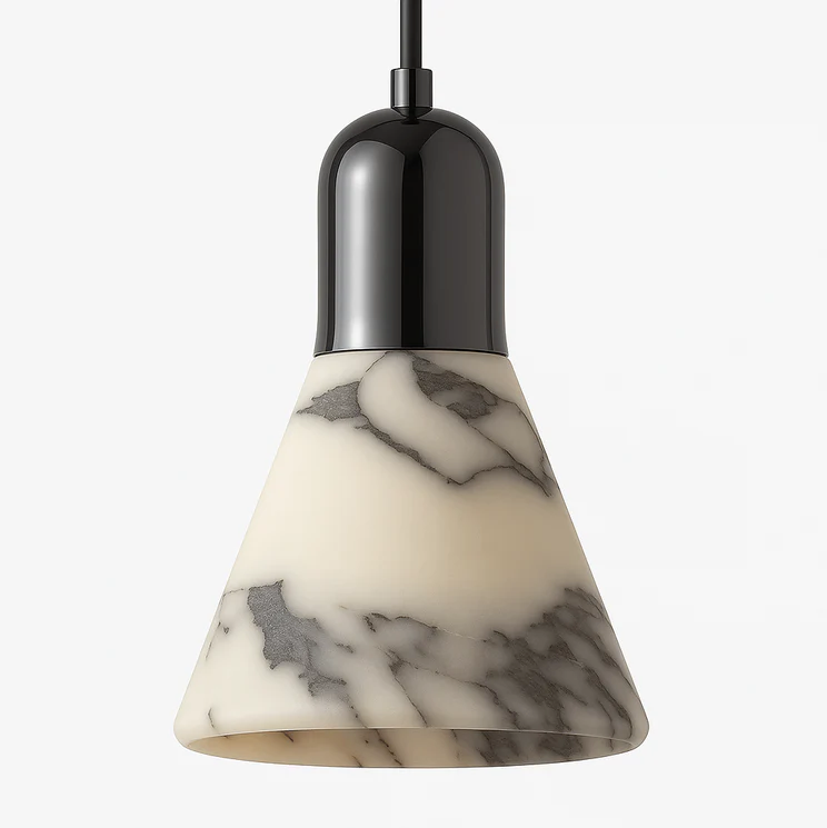 Marble-patterned pendant light with black and silver fixture on a white background