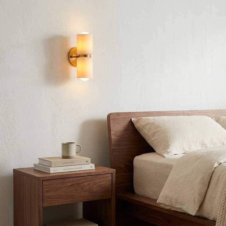 AX163 bedside wall sconce above a walnut nightstand, ceramic up down reading light for the bedroom
