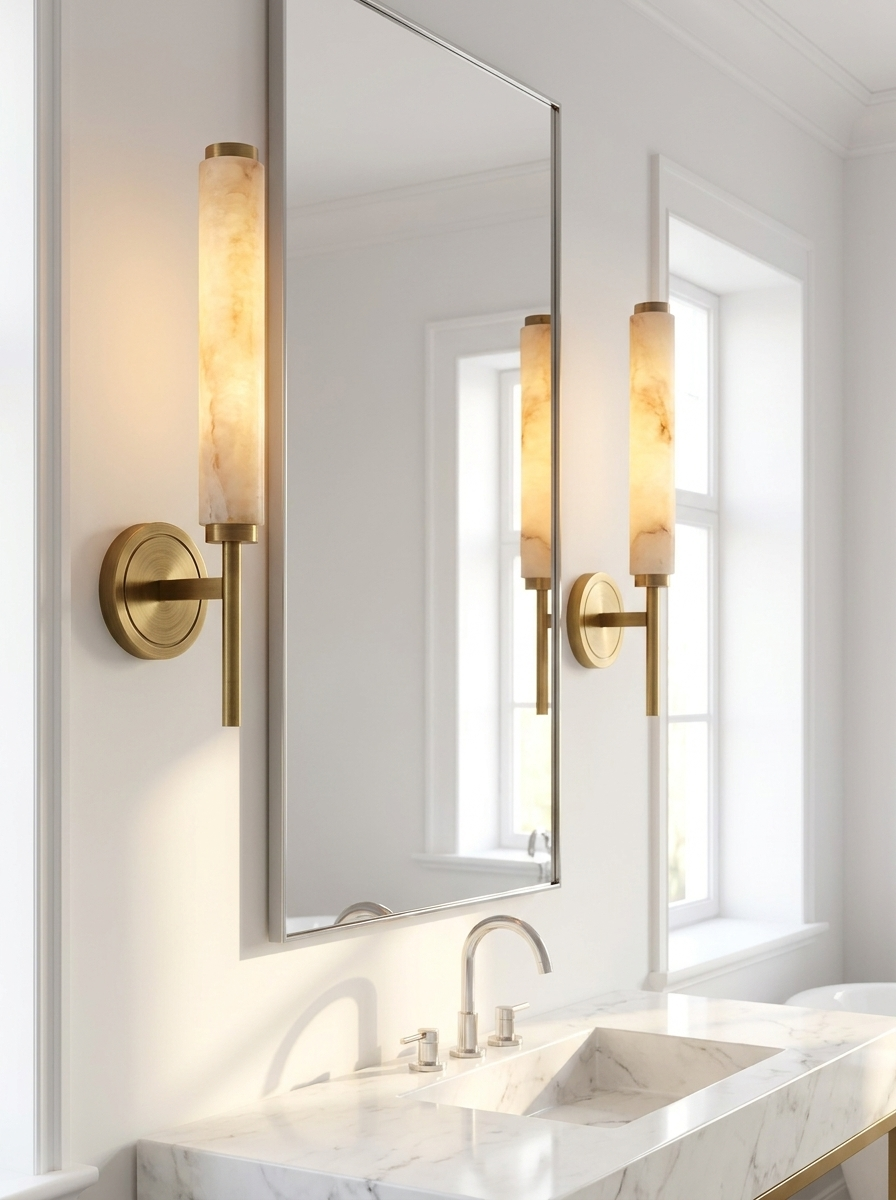 Pair of AX290 alabaster bathroom sconces flanking a vanity mirror, brass bathroom wall sconce