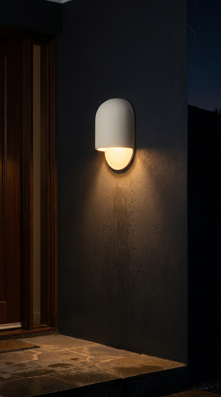 White exterior wall sconce AX472 lighting a front door entryway at night