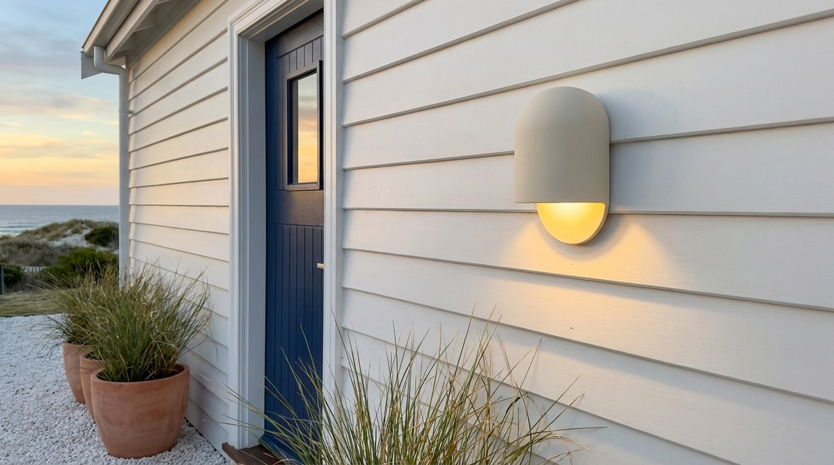 AX472 modern outdoor wall light on white weatherboard cladding beside the door of a coastal beach house