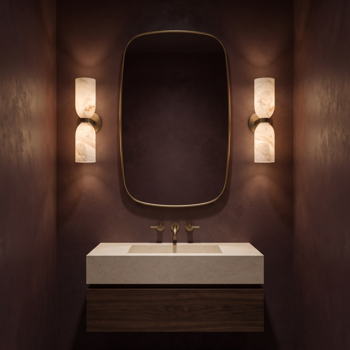 Pair of AX853 alabaster wall sconces flanking a bathroom vanity mirror as vanity lights