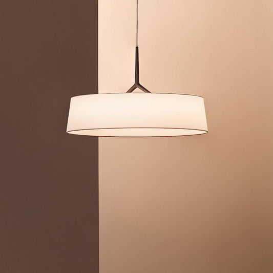 Pendant light hanging against a two-tone wall with warm colors