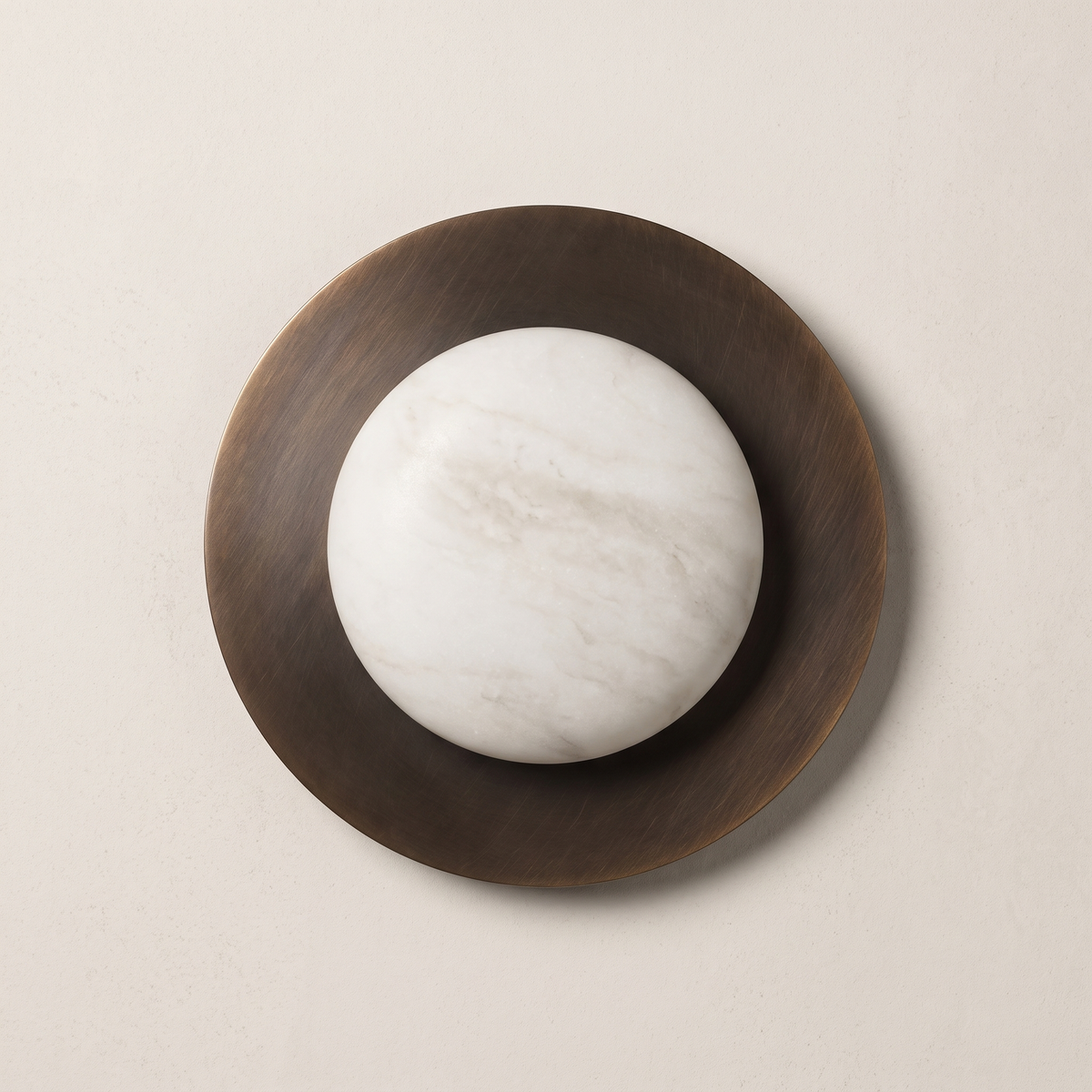 AX174 alabaster wall sconce, natural alabaster orb set in an aged brass disc, modern round wall light